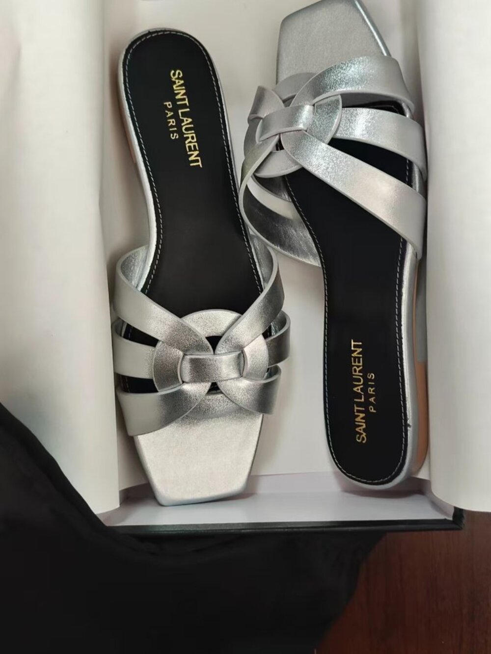 Saint Laurent Metallic Silver Woven Square Toe Flat Sandals - Tribute Style - Picture 3 of 5